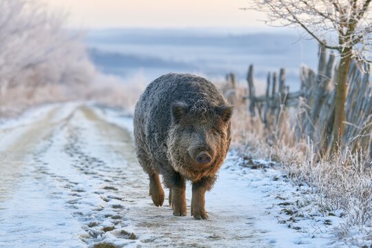 Woolly heritage pig enjoying a tranquil winter stroll
