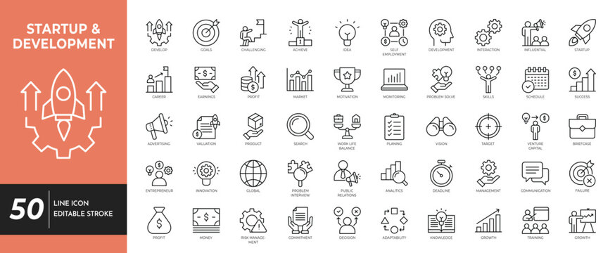 Startup & Development icon set. Editable stroke. vector illustrator