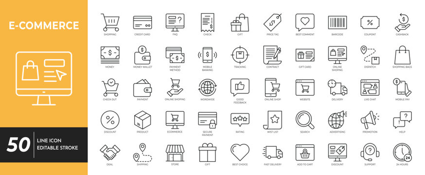 E-commerce icon set. Containing Shopping, store, purchase, marketing, delivery, and more. Vector illustration