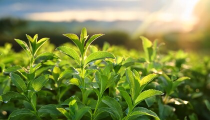 Naklejka premium a close up of organic stevia plants growing in a lush green field under soft natural sunlight