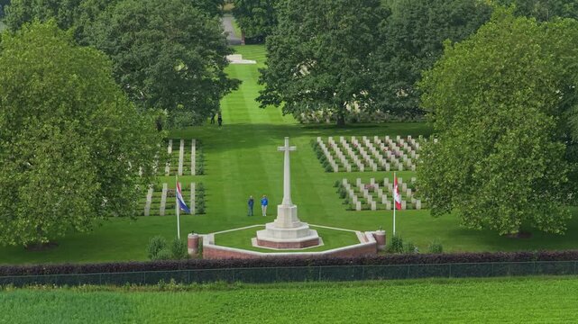 Groesbeek canadian war cemetery aerial view with cross of sacrifice