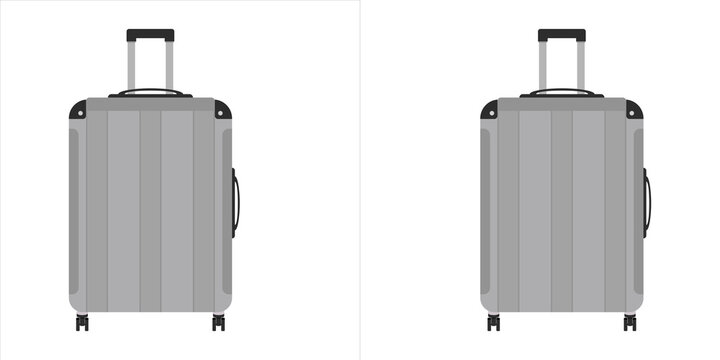 Set of two identical silver suitcases with wheels and retractable handles, modern travel luggage for vacation or business trip, vector illustration isolated on transparent background