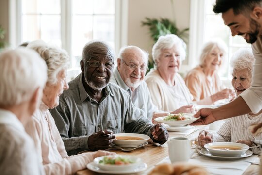 Repas chaleureux en r&Atilde;&copy;sidence pour seniors: partage et soin attentif autour d'une table commune