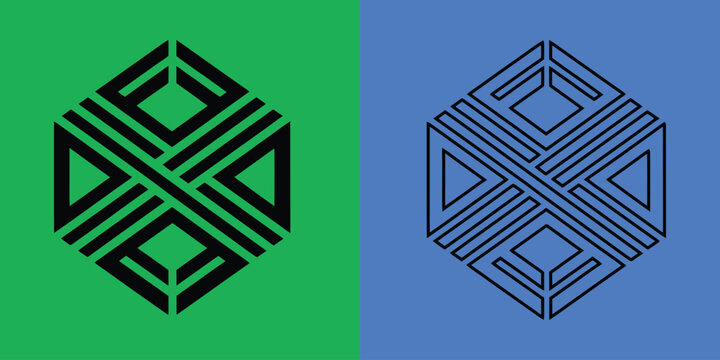 Symmetrical hexagonal emblem featuring interwoven lines and geometric patterns in black and white