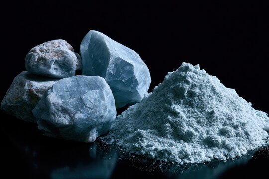 Texture and crystal detail of zeolite minerals on black surface with fine powder