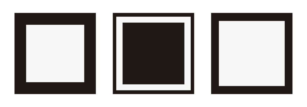 Three black picture frames with white inner borders on white background for photography or decoration purposes easily transparent background