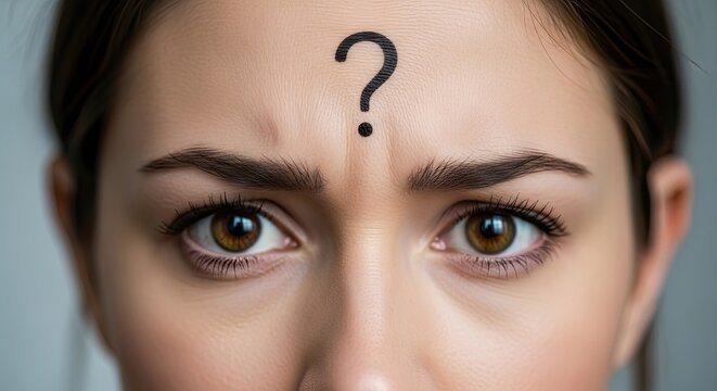 A Perplexed Gaze: A close-up shot of a woman's face, her brow furrowed and a large question mark drawn on her forehead, symbolizing confusion and uncertainty.