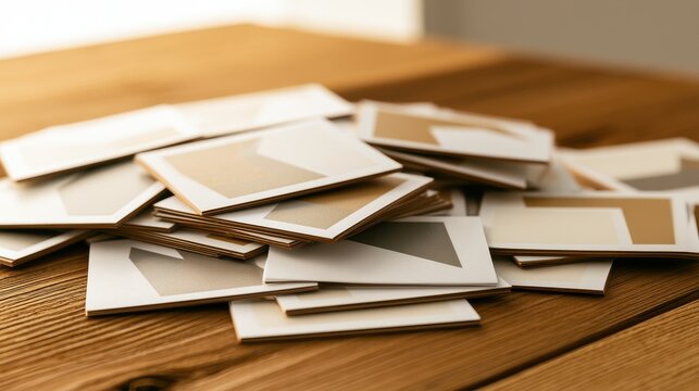 Overhead view of abstract logo cards on a wooden table for a corporate video streaming concept with top banner space