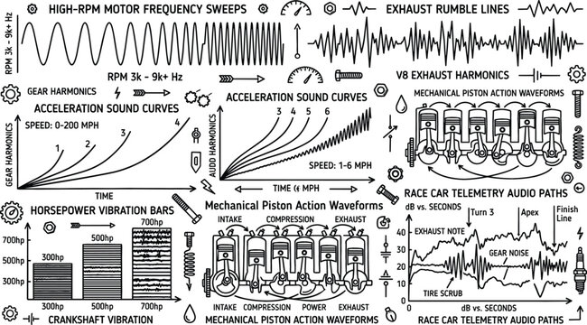 Automotive Engineering and Race Car Telemetry Audio Waveform Vector Set Featuring Mechanical Piston Action Diagrams Engine Harmonics Graphs and Horsepower Vibration Charts