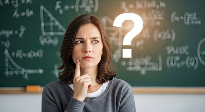 Pondering the Unknown: A woman with a thoughtful expression stands before a chalkboard filled with complex mathematical equations, a large question mark floating above her head.
