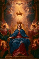 Obraz premium Sacred icon: Virgin Mary crowned on an ornate throne with heavenly angels and radiant light