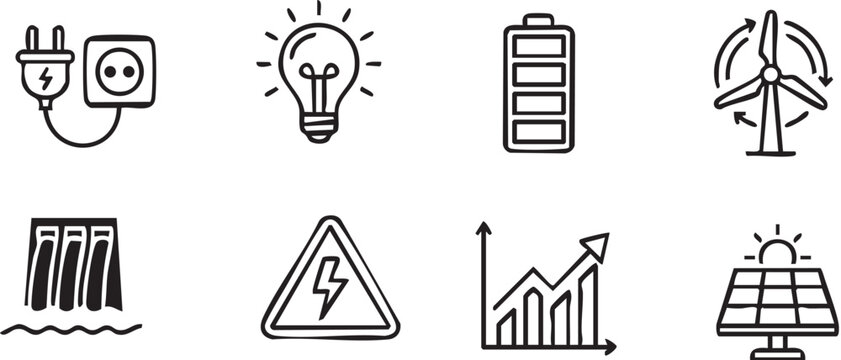 Collection of clean, minimalist icons representing renewable energy sources, electricity, and growth-related concepts in a linear arrangement.