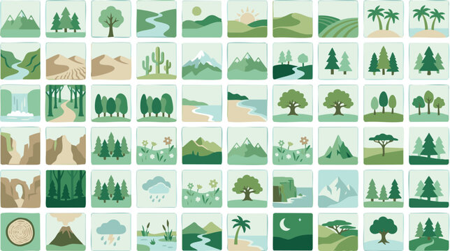 Flat illustration collection of diverse landscape scenes featuring forests, mountains, beaches, and trees in a minimalist style.