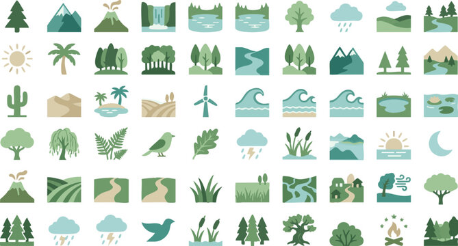 Colorful and stylized illustrations of various landscapes, weather conditions, and outdoor scenes for travel, weather apps, or educational materials.