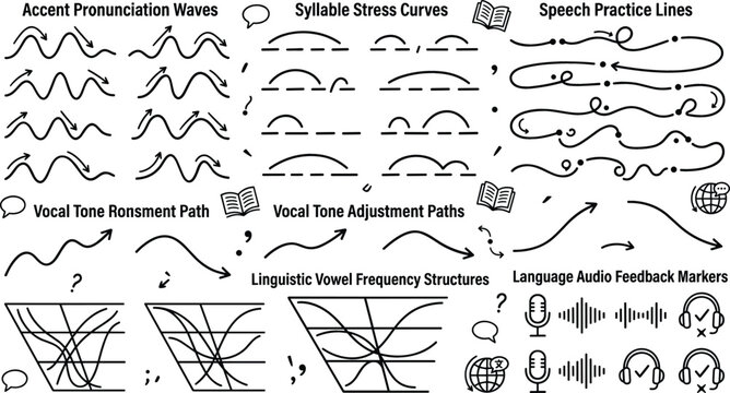 Linguistics and Language Learning Education Vector Set Featuring Accent Pronunciation Waves Syllable Stress Curves Speech Therapy Practice Lines and Vowel Frequency Structures