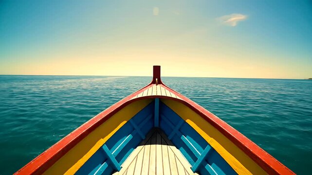 Colorful boat bow sailing on blue ocean under sunny sky