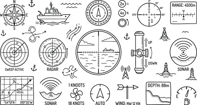 Nautical Navigation and Submarine Radar Icon Set with Marine Compass Sonar Displays Periscope Views Depth Gauges and Ocean Exploration Elements