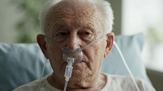 Elderly man using oxygen nasal cannula for breathing support.