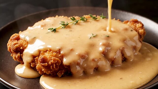 Creamy sauce poured over crispy breaded meat cutlet