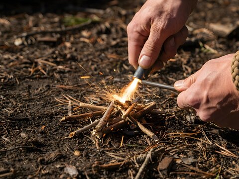 Person using a ferro rod to ignite a small campfire in the forest wilderness