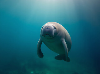 Fototapeta premium Large aquatic mammal swimming underwater. Gentle sea creature in natural ocean environment.