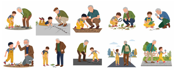 Grandfather and grandson exploring nature together observing ants with magnifying glass and notebook illustration set