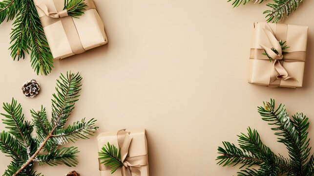 Elegant wrapped gifts surrounded by pine branches on neutral background for holiday decor