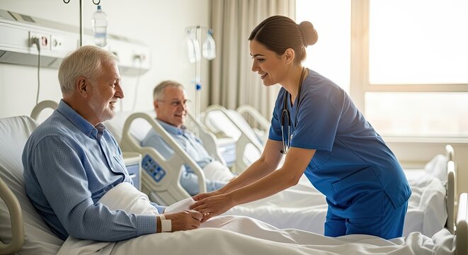 Kindness in the Ward: A compassionate nurse attends to an elderly patient in a hospital room, offering comfort and care with a warm smile. The scene depicts dedication and empathy in healthcare.