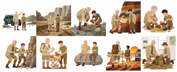 Set of illustrations featuring grandfather and grandson as paleontologists exploring fossils and nature © futureart