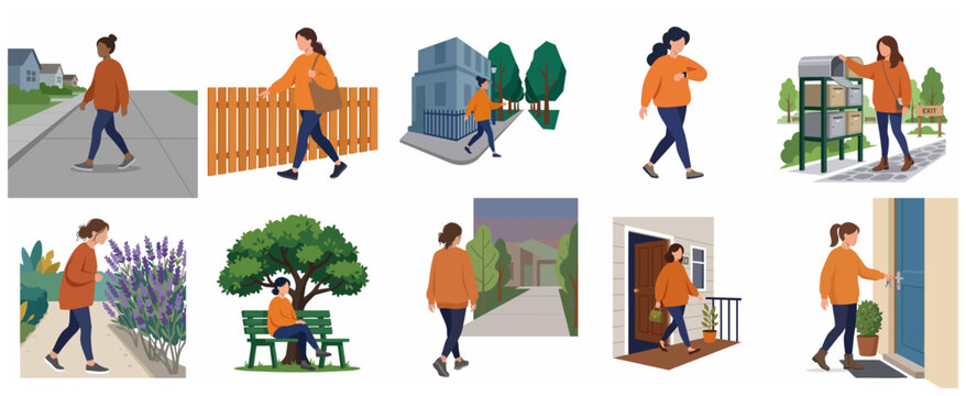 Vector illustrations of a woman's daily routine, including walking, checking mail, and relaxing in a neighborhood.