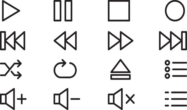 Collection of media player control interface buttons for video playback and audio stream.