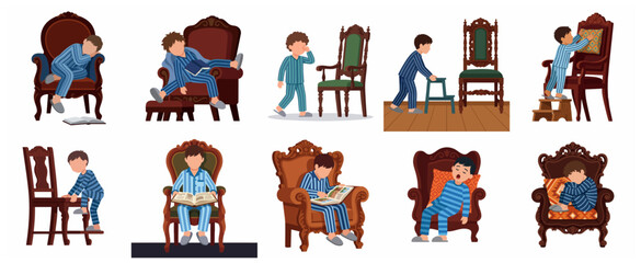 Fototapeta premium Cute little boy in striped pajamas sleeping, reading, and playing with classic armchairs. Vector flat illustration set of childhood bedtime and home activities.