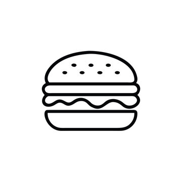 Minimalist hamburger outline icon black and white seeds top bun food graphics.