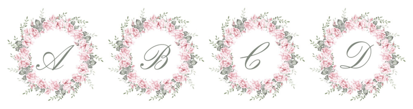 Watercolor floral alphabet set featuring the letters A, B, C and D surrounded by elegant pink rose wreaths and delicate greenery. Romantic botanical monograms for wedding invitations, branding and sta