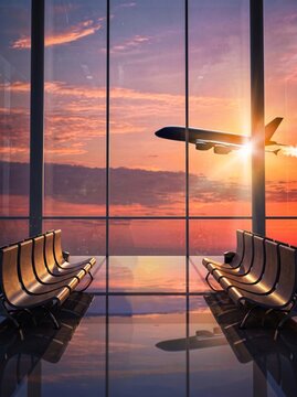 Airplane taking off at sunset viewed through a modern airport terminal window