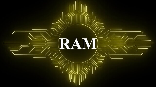Technology multicolor RAM circuit board background. Computer motherboard with RAM icon. Digital Data moving on Circuit Board and RAM . Computer Processing and organizing data. 4k animation ,,,