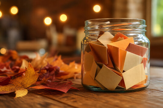 Glass jar filled with folded paper notes on a wooden table, surrounded by colorful autumn leaves and warm bokeh lights.