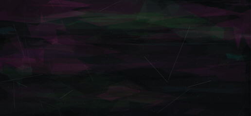 Obraz premium Dark abstract background with glowing purple and green polygonal shapes and a faint starry sky effect, textured with fine lines creating a mystical cosmic landscape.
