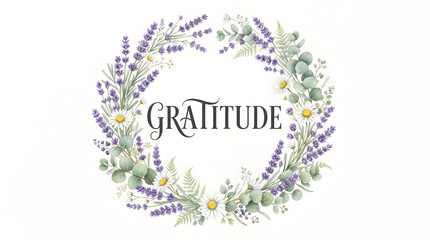 Fototapeta premium Watercolor floral wreath with 'gratitude' typography botanical thank you design
