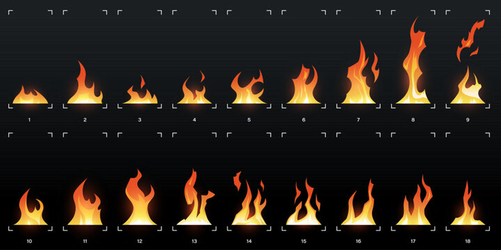 Fire animation sprite sheet. Flame movement sequence frame for games, videos, motion designs. Cartoon 2d vector set. Burning fire of candle, torch, bonfire. Illustration isolated on a dark background.
