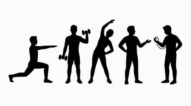 Fitness activity icons with instructor and stopwatch for the concept of healthy lifestyle and workout.