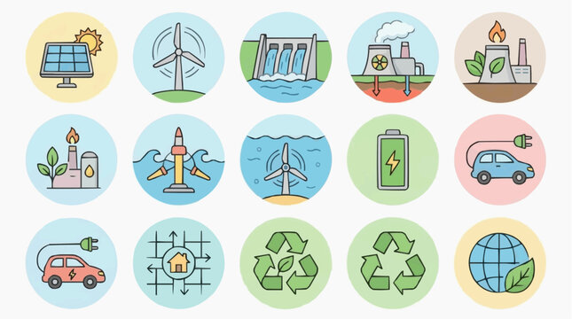 Collection of icons representing renewable energy and eco-friendly technology for the concept of sustainability and environmental protection.
