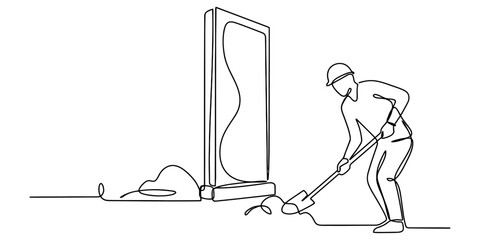 Continuous single line drawing of a construction worker digging with a shovel near a tall door frame structure on a white background Vector, illustration © New Outline