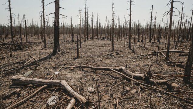Landscape Shows Trees Burned After Wildfire in Forest Area During Summer Season