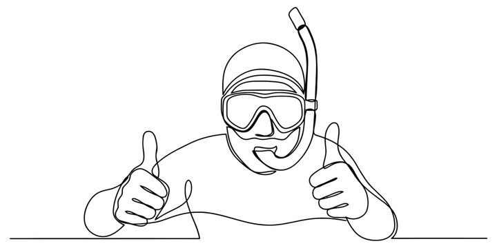 Continuous one line drawing of a person wearing a snorkel mask giving two thumbs up gesture isolated on a white background for summer vacation travel Vector, illustration