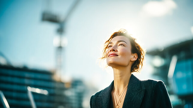 A confident professional woman in a pinstripe blazer looking upward with a hopeful expression outdoors at a construction site with sun flare, symbolizing growth and future planning.