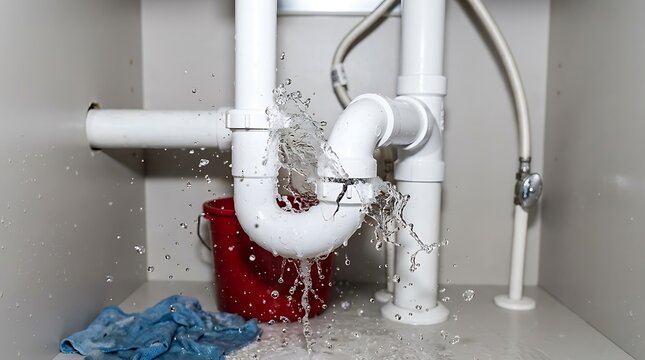 Water leaking from broken white pipe under kitchen sink