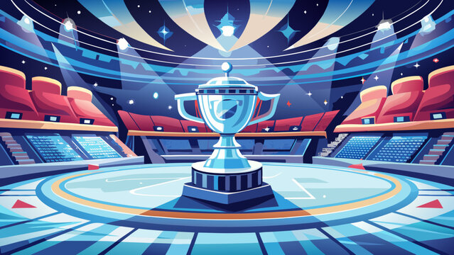 Stylized silver trophy cup in a futuristic glowing sports arena