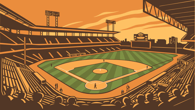 Retro Style Illustration of a Baseball Stadium at Sunset