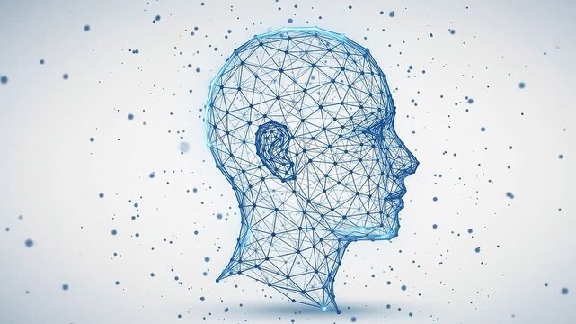 Digital human head profile made of network nodes isolated on white background